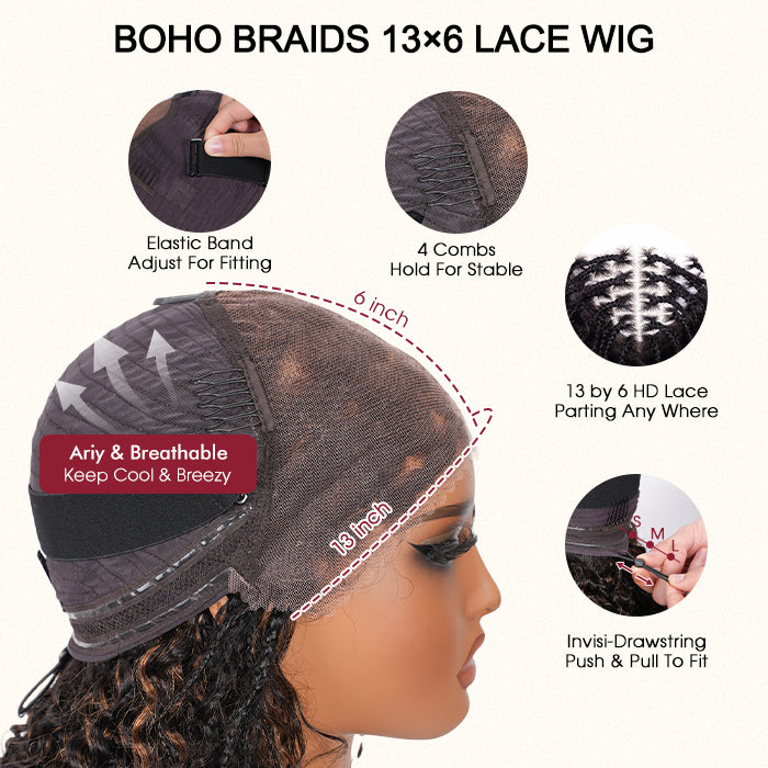 Braided Glueless Wig Drawstring Cap 13x6 HD Lace Front Knotless Boho Curls Human Hair Wigs